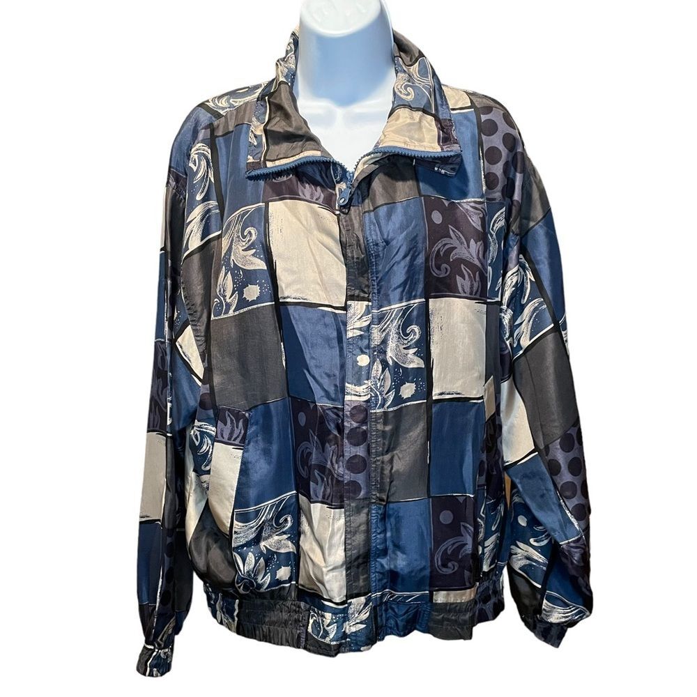 188 West Collection Vintage Silk Bomber Jacket size M in Blue/Cream Pattern